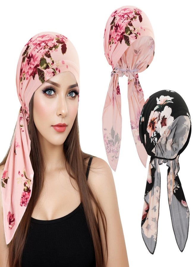 XEPST 2 PCS Chemo Headwear for Women, Pre Tied Chemo Cancer Headscarf Floral Print Turban Beanie Hat Elastic Cancer Hats Bonnet Head Coverings Head Wraps for Women Hair Loss Chemo Sleep Cap - Image 1